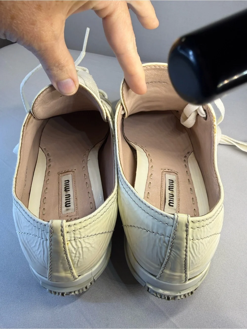 Miu Miu Cream Patent Leather Sneakers with Silver Toe Caps